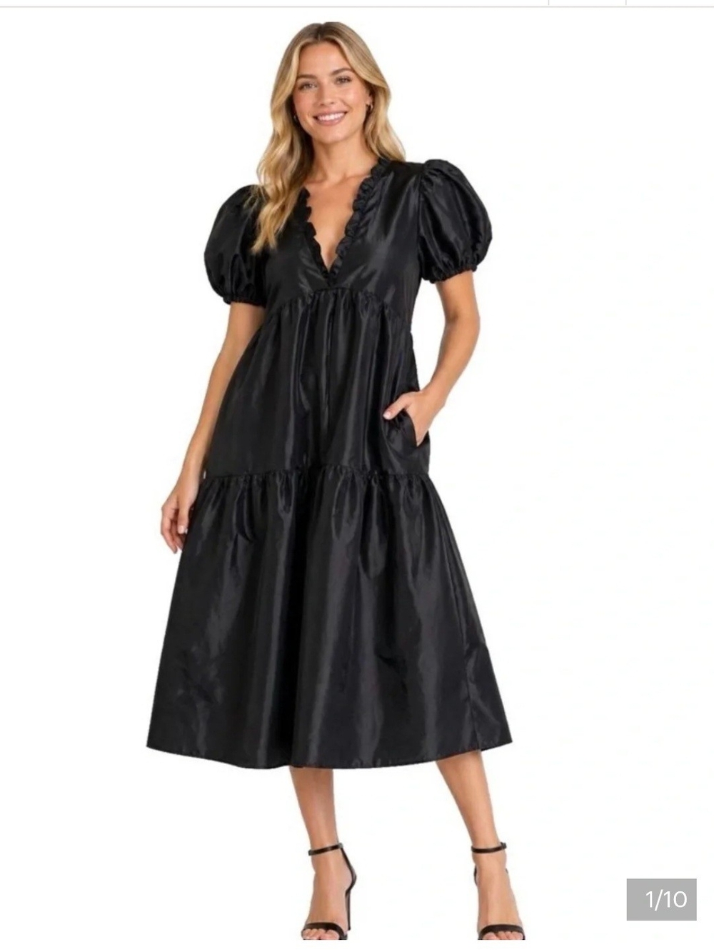 Kika Vargas Black Tiered Ruffle Edge Puff-Sleeve  Dress with V-Neck Size L NWT